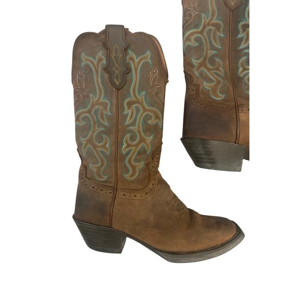 Justin Teal and Brown Square Toe Cowboy Boots - Picture 2 of 8